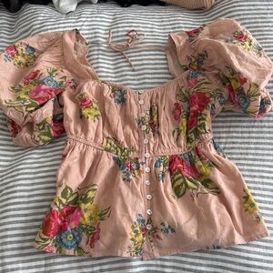 Anthropologie Floral Puff Sleeve Blouse - Pink
